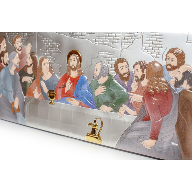 Таємна Вечеря 38,5х17 см Срібна Ікона, прикрашена Різнобарвною Емаллю