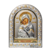 Володимирська 16,5х21,5 см Срібна Ікона Божої Матері під Склом, обкладена в темну шкіру (Греція)