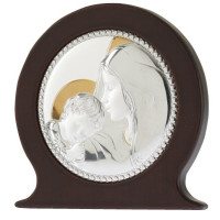 Икона католическая "Мария с Иисусом" в серебряном окладе с позолотой, круглой формы 110Х110 мм
