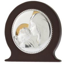 Ікона католицька "Марія з Ісусом" у срібному окладі із позолотою, круглої форми 110Х110 мм