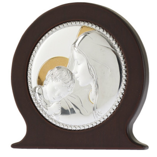 Икона католическая "Мария с Иисусом" в серебряном окладе с позолотой, круглой формы 110Х110 мм