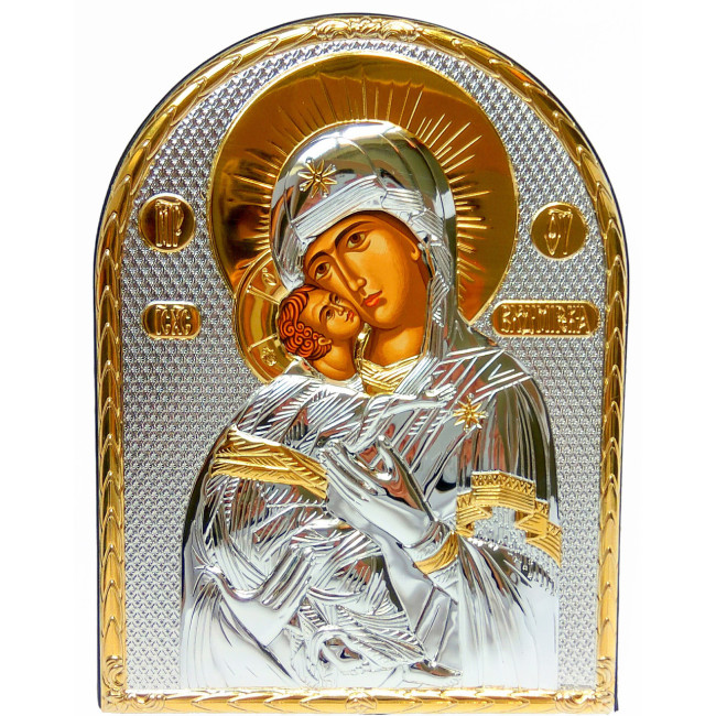 Ікона Володимирська Божа Матір срібна в шкіряній оправі 15,5 x 12 см