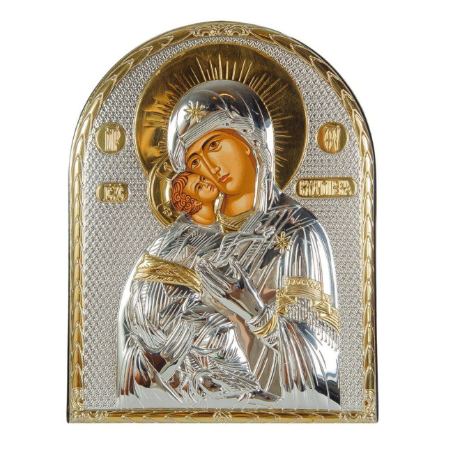 Ікона Володимирська Божа Матір срібна в шкіряній оправі 15,5 x 12 см