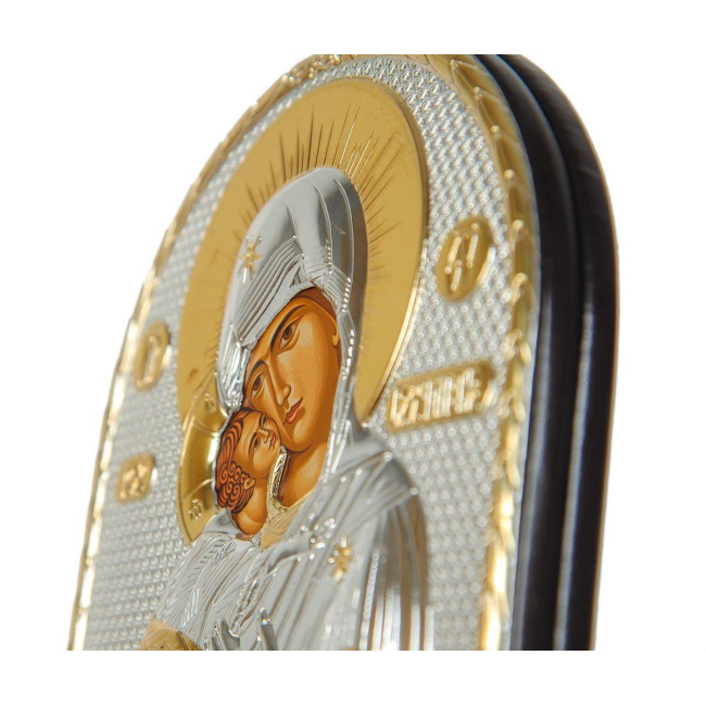 Ікона Володимирська Божа Матір срібна в шкіряній оправі 15,5 x 12 см