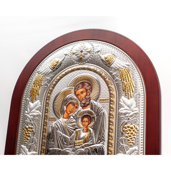 Свята Сім'я 24х29см грецька ікона в срібній рамці з павичами