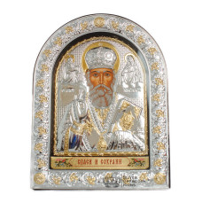 Святий Миколай 16,5х21,5 см, Срібна Ікона під Склом, обгорнута темною шкірою (Греція)