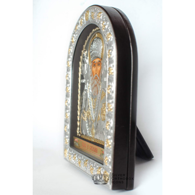Святий Миколай 16,5х21,5 см, Срібна Ікона під Склом, обгорнута темною шкірою (Греція)