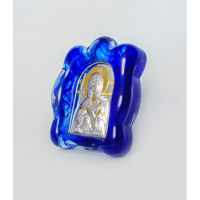 Ікона посріблена "Володимирська Божа Матір" в муранському склі 70х90 мм