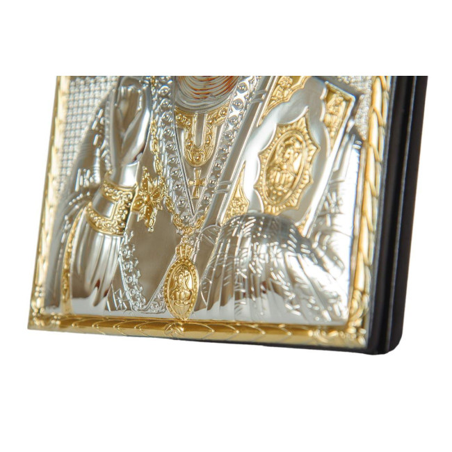 Миколай Чудотворець 10,5 x 8,5 см грецька ікона у сріблі з позолотою, у шкірі