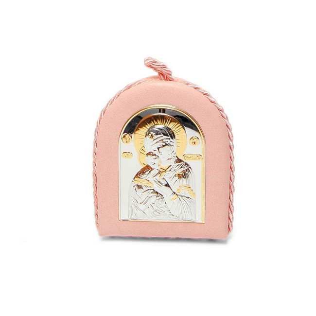 Іконка на подушечці Володимирська Божа Матір 8х6см. (у рожевому кольорі)