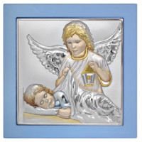 Дитяча Іконка Ангел Хранитель 15х15см у сріблі, вкрита різнобарвною емаллю, у синьому дереві
