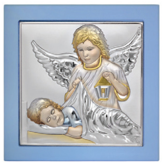 Детская Иконка Ангел Хранитель 15х15см в серебре, покрытая разноцветной эмалью, в синем дереве