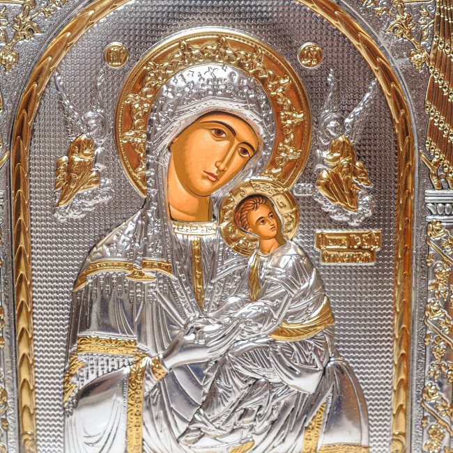 Страсна (Невтомної Помочі) Ікона Богородиці в сріблі під склом 30,5x28,5см (Греція)