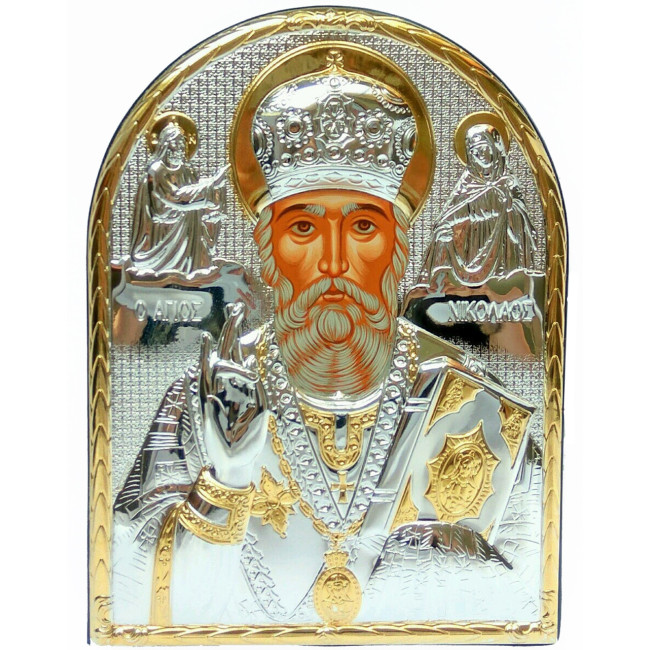 Миколай Чудотворець, грецька ікона у сріблі з позолотою у шкірі 16,5х21,5см