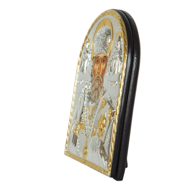 Миколай Чудотворець, грецька ікона у сріблі з позолотою у шкірі 16,5х21,5см