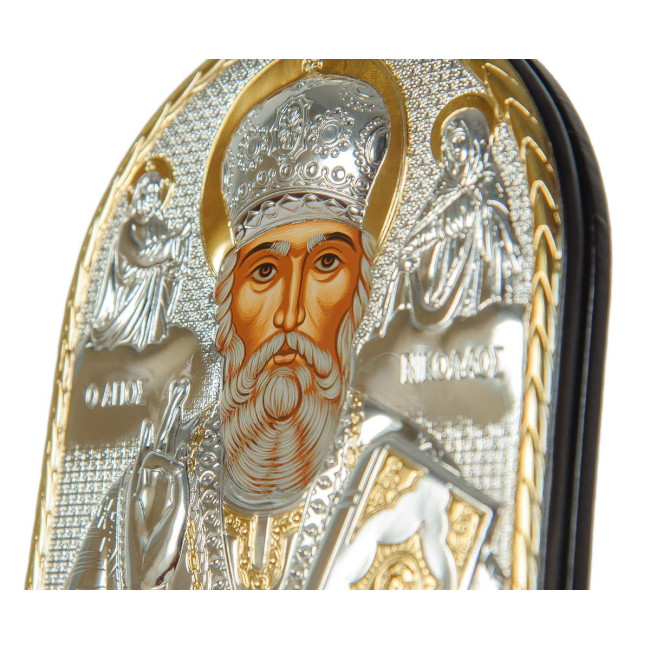 Миколай Чудотворець, грецька ікона у сріблі з позолотою у шкірі 16,5х21,5см