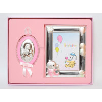 Подарунковий набір срібна рамка для фото 17х13см ікона на подушечці 10х5см (рожевий колір)