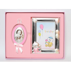 Подарунковий набір срібна рамка для фото 17х13см ікона на подушечці 10х5см (рожевий колір)
