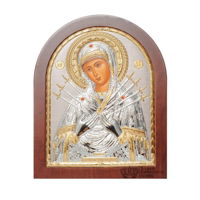 Семистрільна Божа Матір 8,1х9,7см - грецька срібна ікона арочної форми на дереві