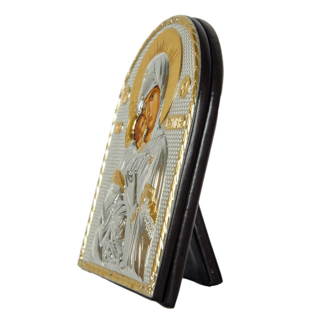 Володимирська Божа Матір 10,5х8,5см - Срібна Ікона у шкіряній оправі