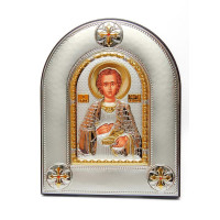 Ікона Святого Пантелеймона Цілителя 20х25см срібний оклад із позолотою, в шкіряній оправі