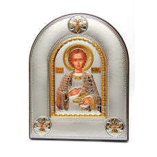 Ікона Святого Пантелеймона Цілителя 20х25см срібний оклад із позолотою, в шкіряній оправі