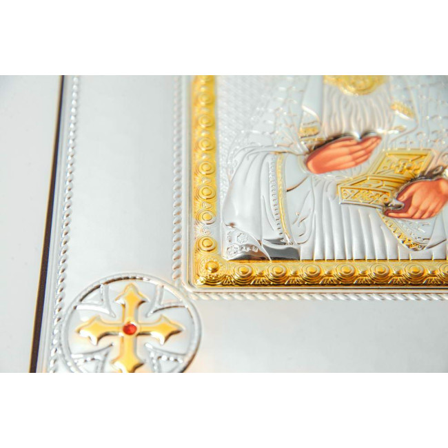 Ікона Святого Пантелеймона Цілителя, срібний оклад із позолотою в шкіряній оправі (20х25см)