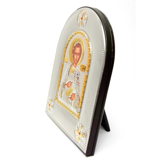 Ікона Святого Пантелеймона Цілителя, срібний оклад із позолотою в шкіряній оправі (20х25см)