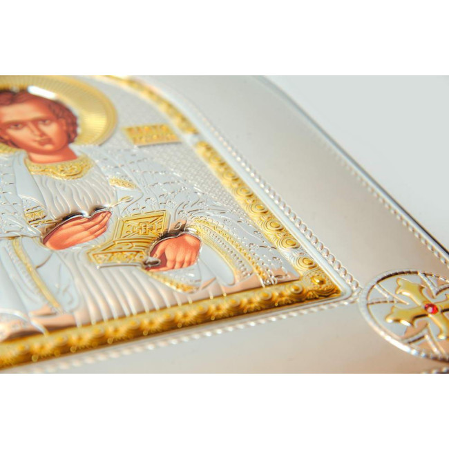 Ікона Святого Пантелеймона Цілителя, срібний оклад із позолотою в шкіряній оправі (20х25см)