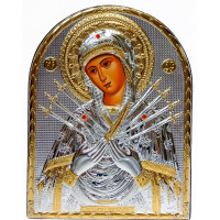 Семистрільна Божа Мати, ікона аркової форми в шкірі, 15,5х12 см