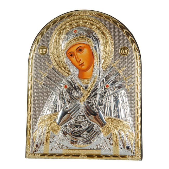 Семистрільна Божа Мати, ікона аркової форми в шкірі, 15,5х12 см