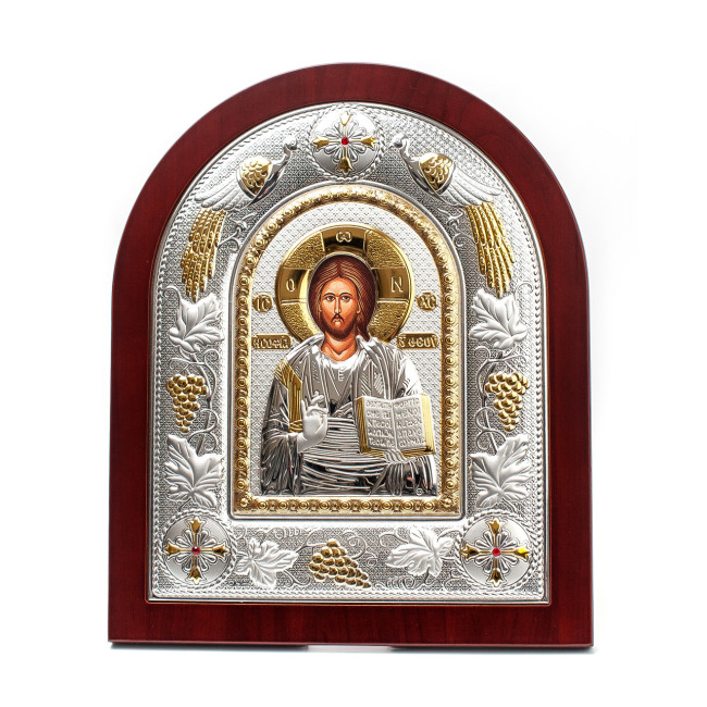 Спаситель Ісус 24x29см Грецька срібна ікона аркової форми