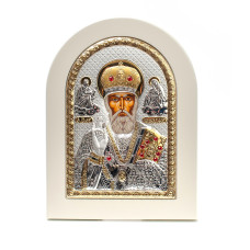 Миколай Чудотворець 10x14см на білому дереві, грецька срібна ікона