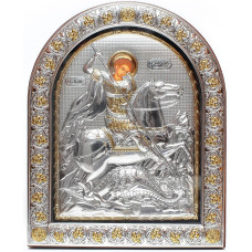 Икона Георгия Победоносца 26х21см в серебряном окладе под стеклом ( с Греции )