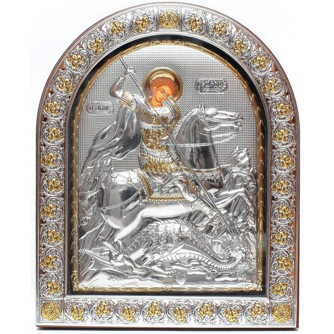 Ікона Георгія Побідоносця 26х21см у срібному окладі під склом (з Греції )