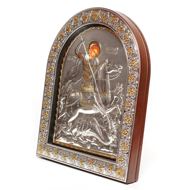 Ікона Георгія Побідоносця 26х21см у срібному окладі під склом (з Греції )