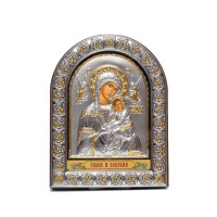 Страсная Божья Матерь 12х15,5см серебряная икона с позолотой под стеклом обтянута в кожу (Греция)