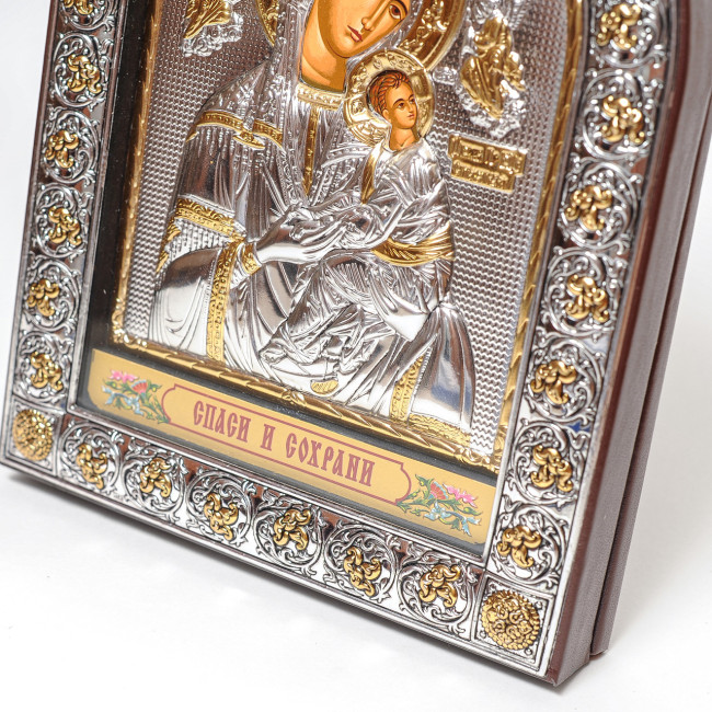 Страсная Божья Матерь 12х15,5см серебряная икона с позолотой под стеклом обтянута в кожу (Греция)