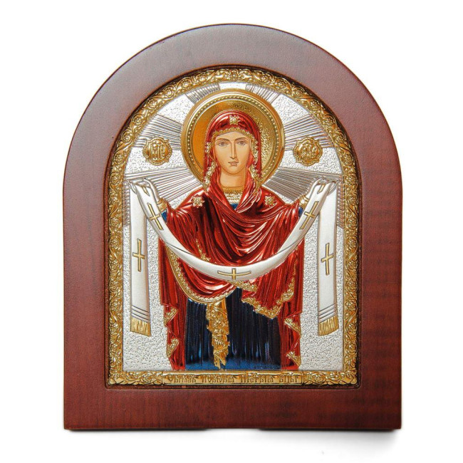 Божа Матір Покрова 11х13см у срібному окладі, вкритому різнобарвною емаллю