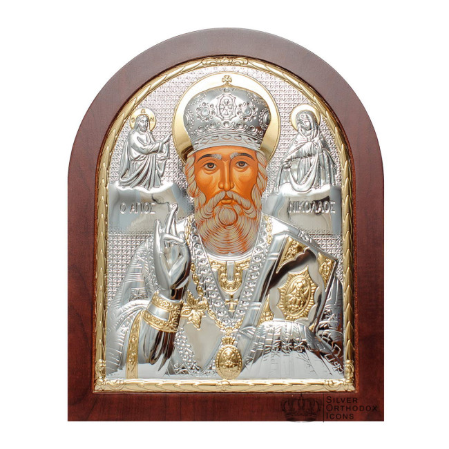 Срібна Ікона Святого Миколая Чудотворця 5,2х6,8см арочної форми на дереві з рамкою EP1-009XAG/P