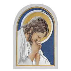 Ікона "Ісус, що молиться" у срібному окладі, вкритому емаллю (синій фон) 75Х95 мм