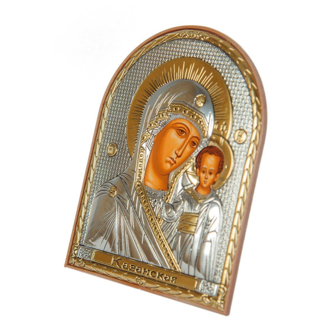 Ікона срібна Казанська Божа Матір 12 x 15,5 см на пластиковій основі, Греція