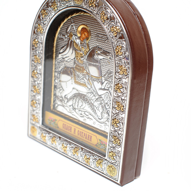 Ікона Георгія Побідоносця 15.5x12см у срібному окладі під склом (з Греції)