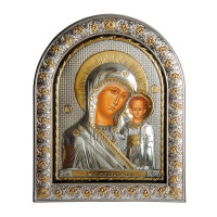 Казанська 21х26 см Срібна Ікона Божої Матері під склом обгорнута в темну шкіру (Греція)