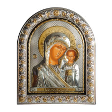 Казанська 21х26 см Срібна Ікона Божої Матері під склом обгорнута в темну шкіру (Греція)