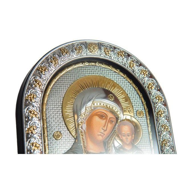 Казанская 21х26 см Серебряная Икона Божьей Матери под стеклом обтянута в темную кожу ( Греция )