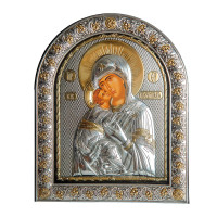 Володимирська 21х26 см Срібна Ікона Божої Матері під Склом, обгорнута темною шкірою (Греція)