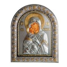 Володимирська 21х26 см Срібна Ікона Божої Матері під Склом, обгорнута темною шкірою (Греція)