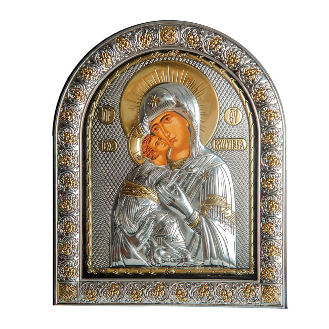 Володимирська 21х26 см Срібна Ікона Божої Матері під Склом, обгорнута темною шкірою (Греція)
