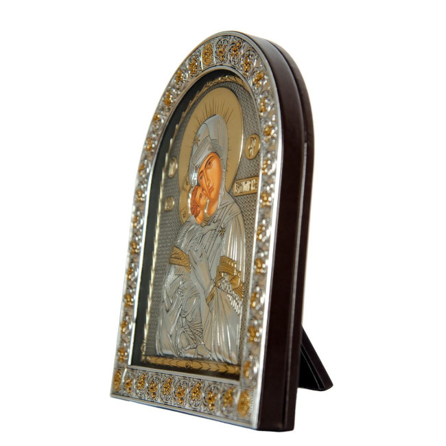 Володимирська 21х26 см Срібна Ікона Божої Матері під Склом, обгорнута темною шкірою (Греція)